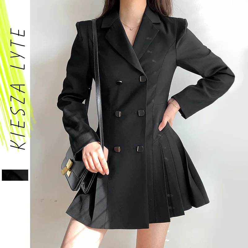 

Woman Dress Spring 2024 French Style Elegant Double Breasted Slim Pleated Black Mini Suit Dresses Office Lady Vintage