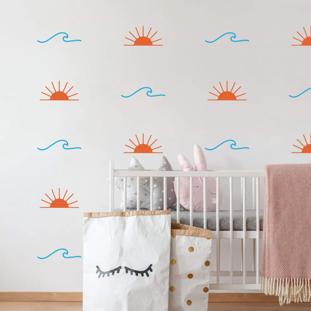 80Pcs Sun and Waves Beach Wall Sticker Baby Nursery Bedroom Summer Landscape Travel Wall Decal Playroom Vinyl Decor