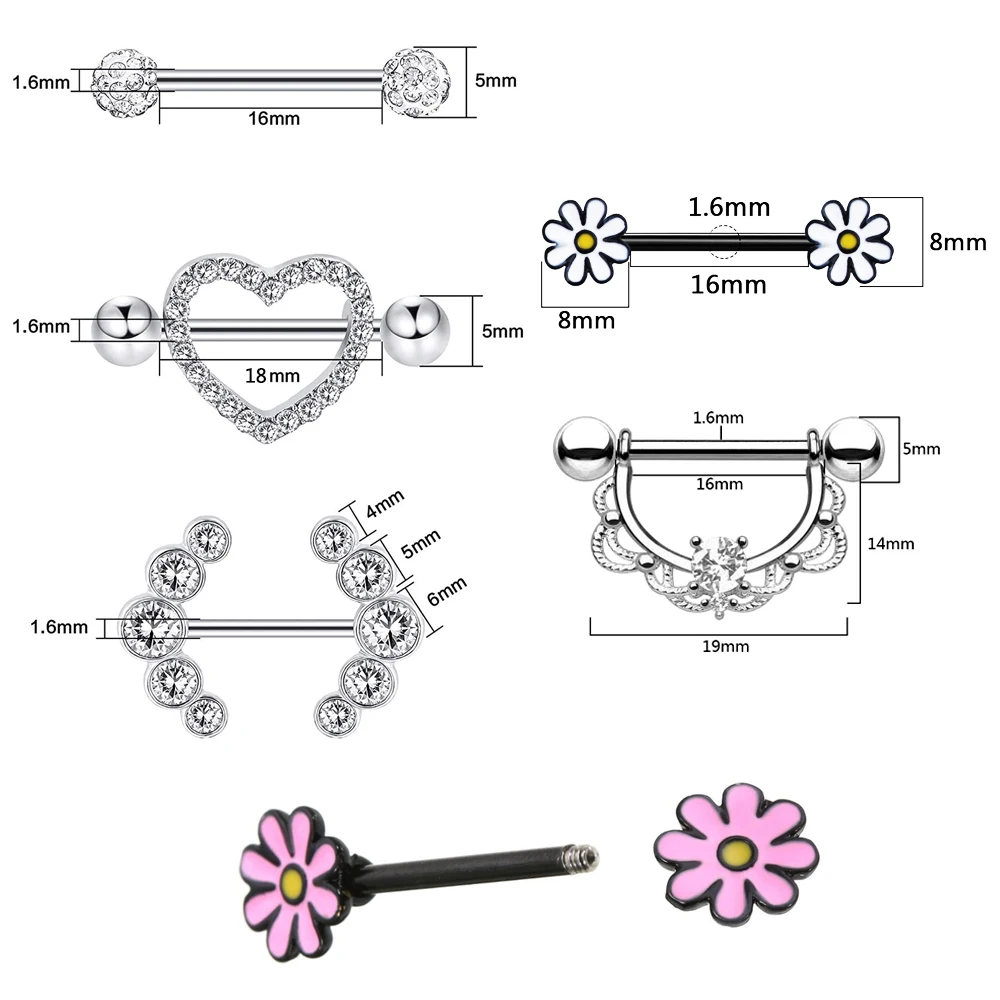 2pcs Titanium Nipple Piercing Heart Barbell 14G Opal Nipple Shield Flower Charming Nipple Rings For Women Body Piercing Jewelry