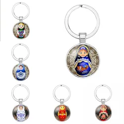 Tradition Russian Doll Keychain Matryoshka Cute Dolls Handmade DIY Art Pattern Glass Gems Keyring Chain Holder Car Charms