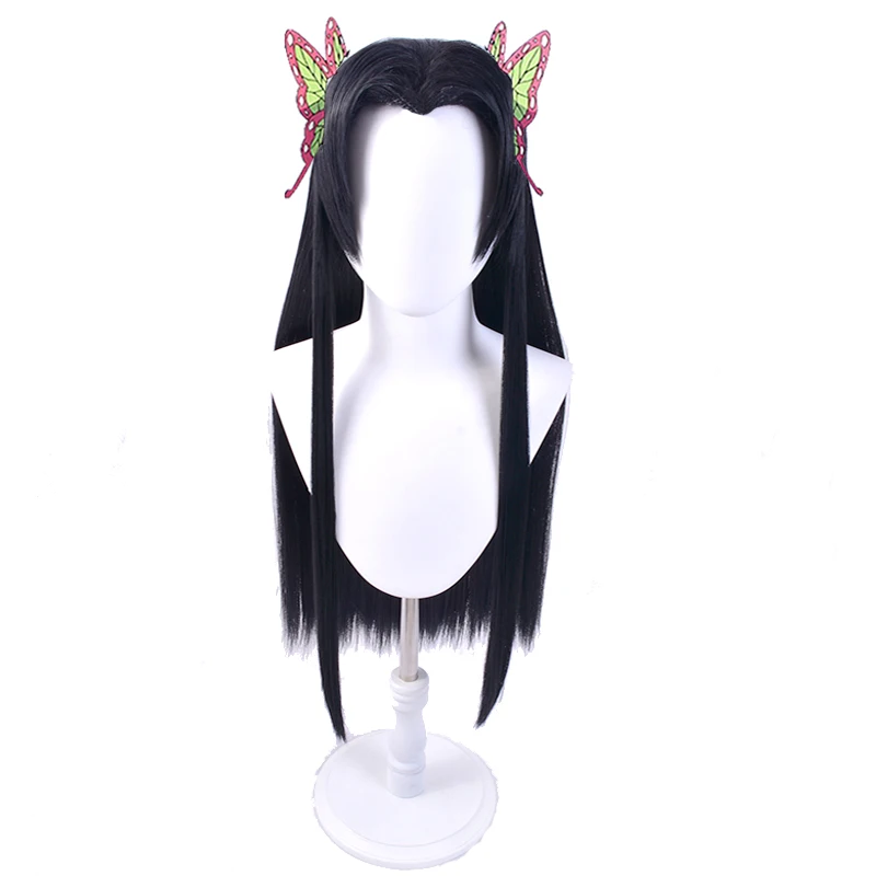 Blade of Demon Slayer Kochou Kanae Long Black Styled Wig Cosplay Hair Synthetic Wig Butterfly headwear hairpin