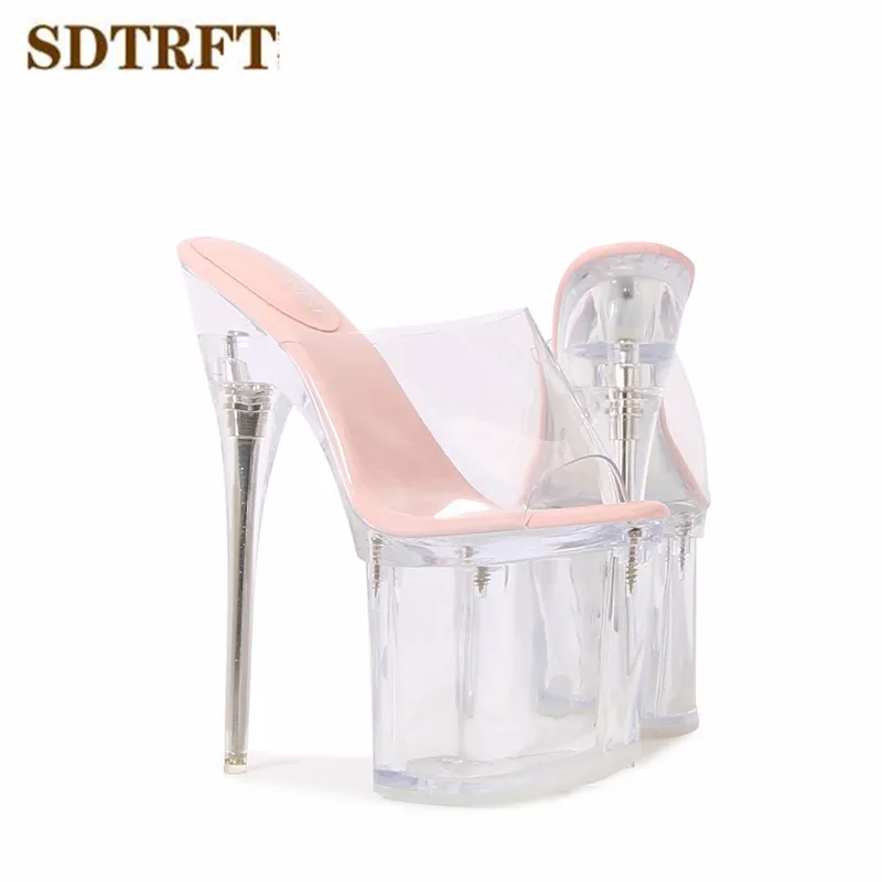 SDTRFT Stilettos Transparent Platforms Sandals 19cm Thin Heel Slipper Peep Toe Flip Flops Shoes Women\'s pumps zapatos de mujer