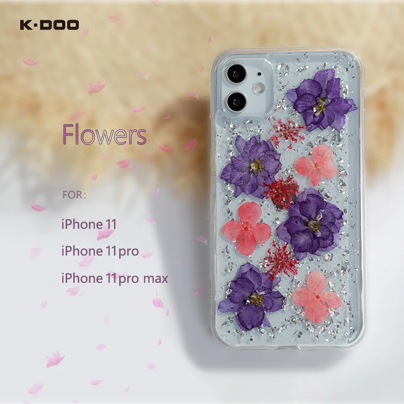 K-Doo Flowers Back Cover ,Real Genuine Dried Flower,Soft Edge, Anti-Shock, Protective Phone Case for iPhone 11,11Pro,11Promax