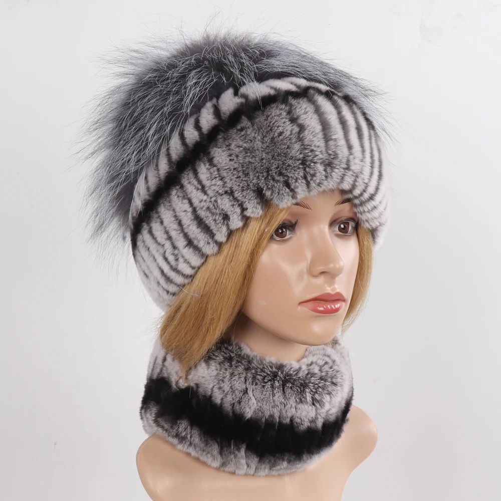Women's Winter Warm Genuine Fur Hat Scarf Set Real Rex Rabbit Fur Cap with Silver Fox Scarves 2-Piece Natural Fashion Accessory