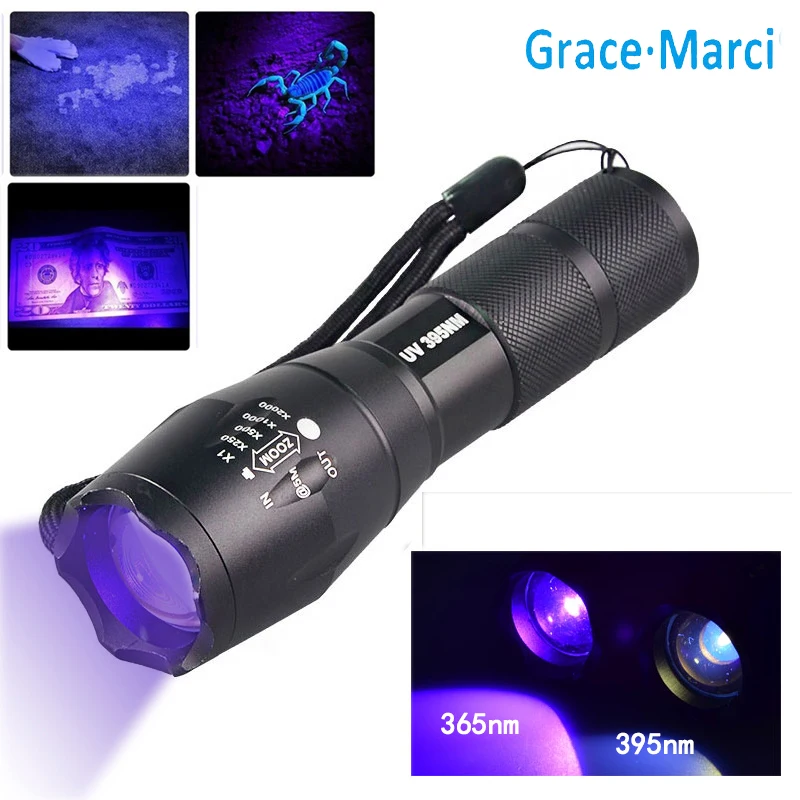 Powerful 365nm 395nm LED UV Light 3W Zoom Ultraviolet Flashlight New Military Grade Tactical Lantern Torch For Catch Scorpion