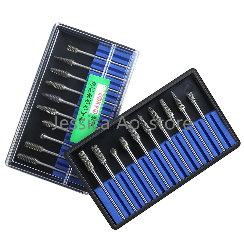 10pcs 2.35*4mm Single/Double Cut Hard Alloy Rotary File Set Metal Wood Carving Bits Tools Electric Carbide Milling Cutter