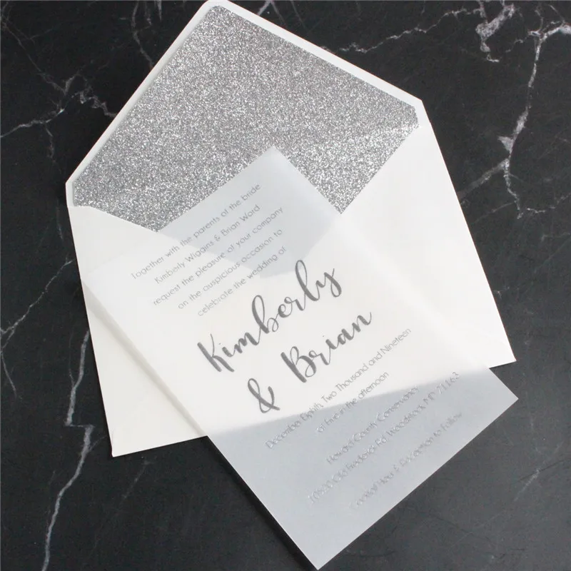 Customized rose gold foil silver foil invitation printing vellum paper with glittery gold envelop 100pcs