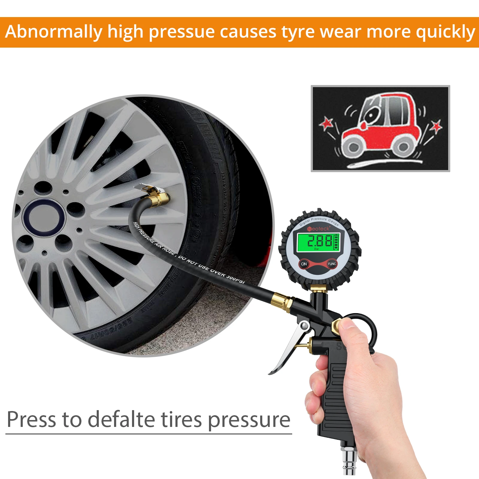Imagem -03 - Neoteck-digital Carro Pneu Inflator Medidor de Pressão do ar Display Lcd Led Backlight Veículo Tester Inflação Monitoramento Manometro ue