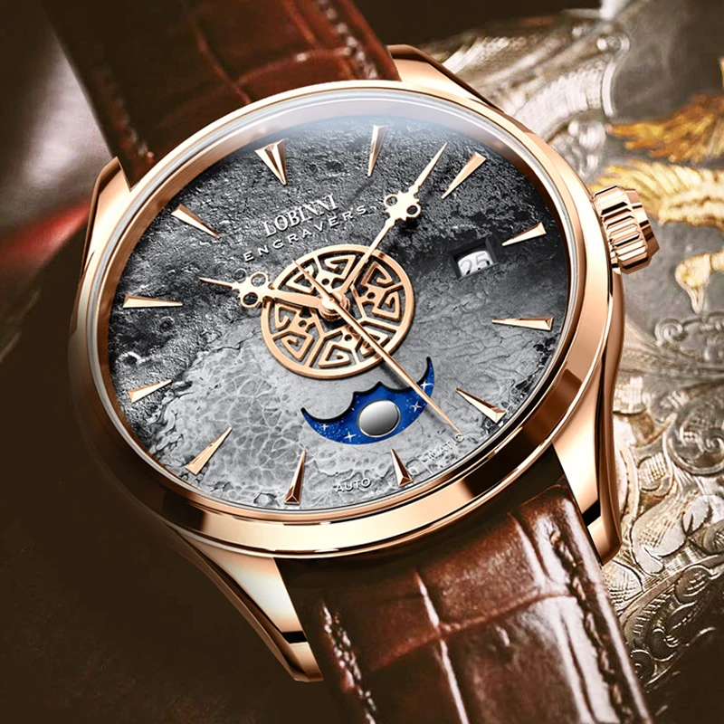 LOBINNI 2021 New Style Original Design Luxury Men Watches Mens Waterproof 50M Automatic Mechanical Watch Moon Phase Date Clock