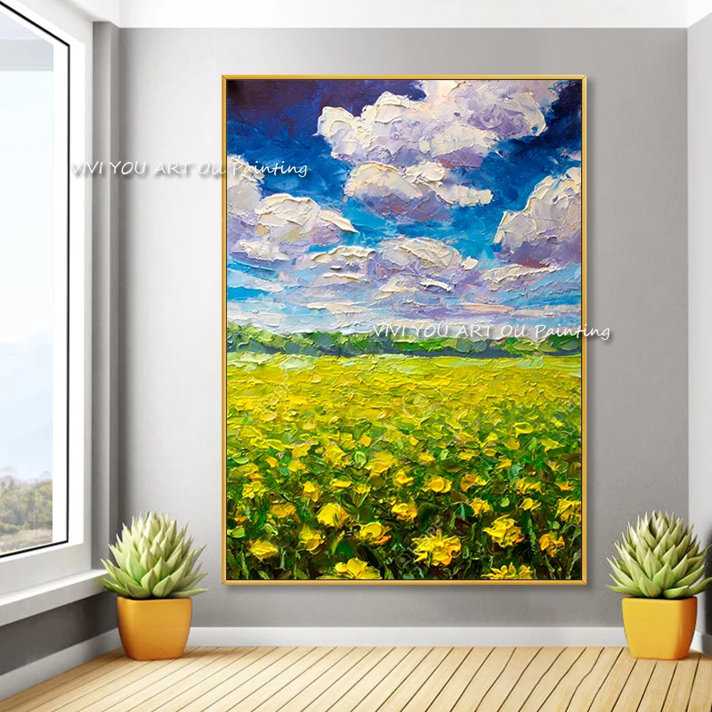 Handmade Yellow Sunflower Field Landscape Oil Painting Green Plant Canvas Modern Wall Art Living Room No Frame Home Decoration