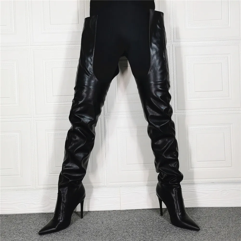 Women Thigh High Boots Sexy Super High Thin Heel Genuine Leather Boots Pointed Toe Over-the-Knee Crotch Dance Shoes Botas Mujer