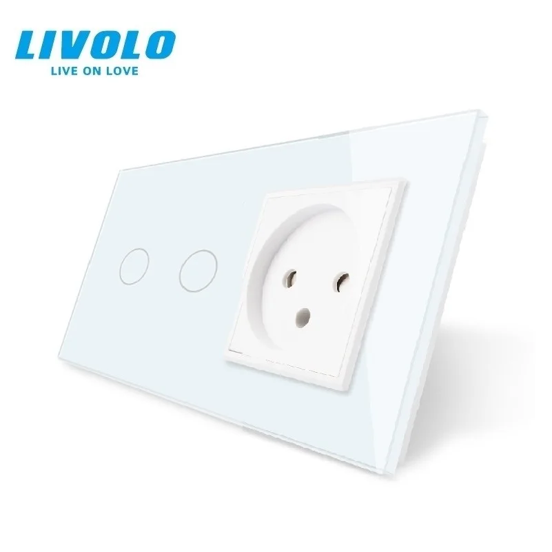 Livolo 2 Gang Wall Touch Switch,and Israel Power Socket, Crystal Glass Panel, AC 100~250V 16A VL-C702/C1IL-11 EU Standard