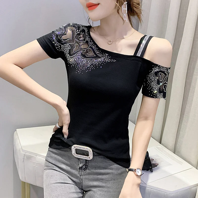 #5393 Black White Red Green Off Shoulder T Shirt Women Cotton Skew Collar Hollow Out Diamonds Sexy T Shirts Female Short Sleeves