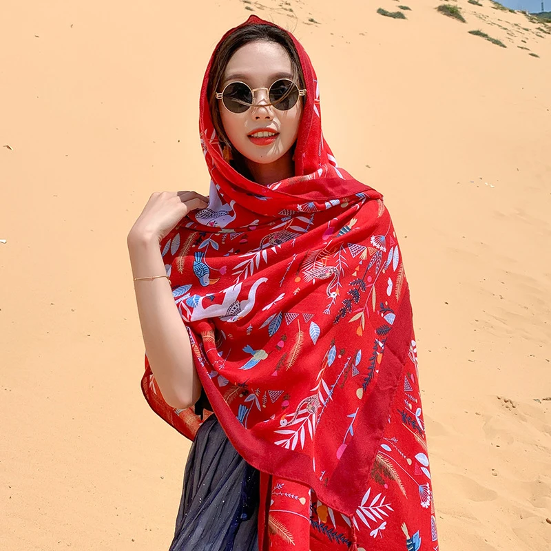 

New Fashion Spring Summer Women Cotton Travel Print Beach Silk Scarf Shawl Wild Female Wraps Long Sun Protection Sunscreen Hijab