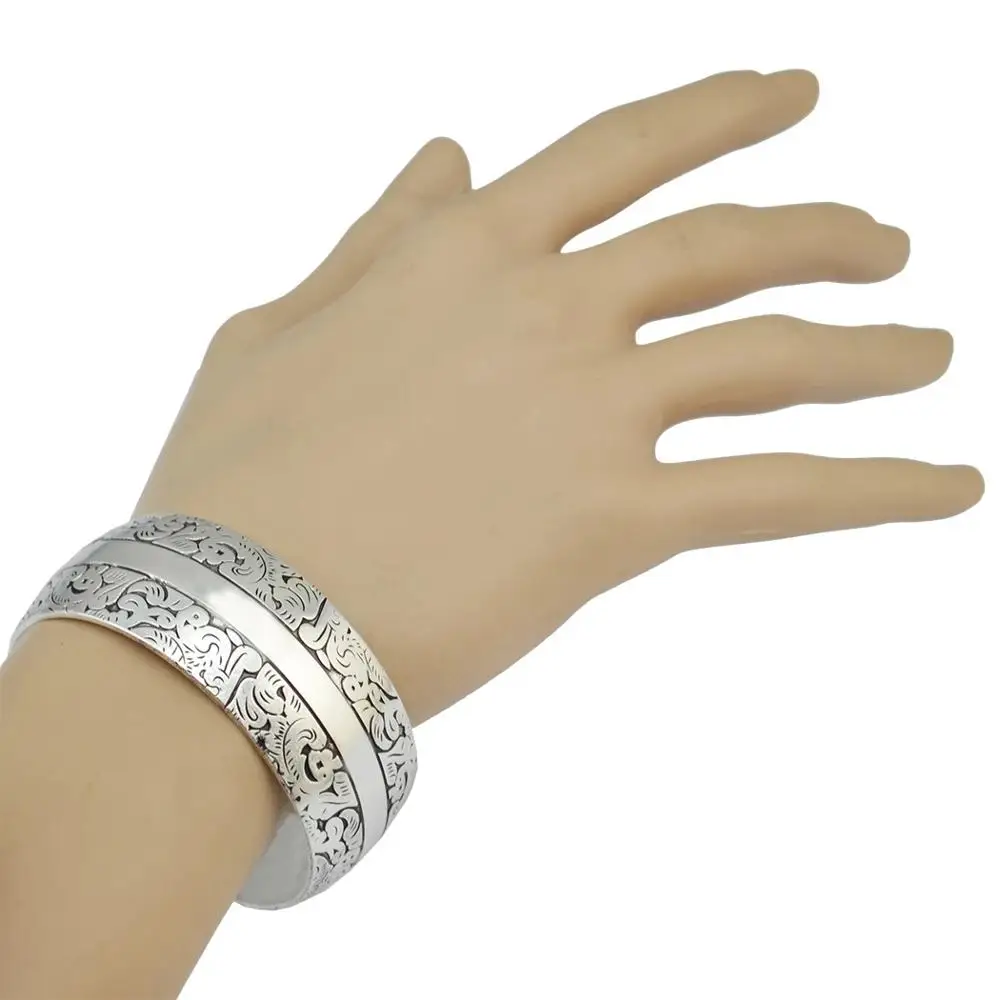 Vintage Tibet Silvery Cuff Bracelet for Women Boho Antique Carved Bracelets Bangles Gypsy Tribal Pakistan Nepal India Jewelry