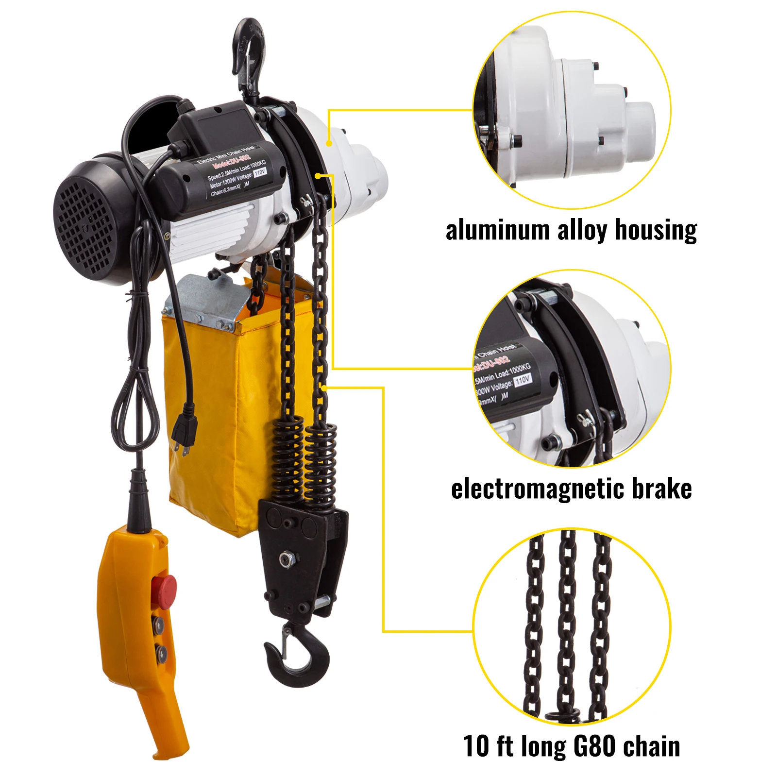 VEVOR-Palan Électrique Portatif Monophasé avec Télécommande Filaire, 1 Soudage, Capacité de Charge de 2200 Lbs, 10 Fédération/3 M