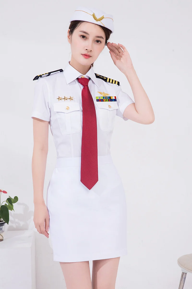 女性半袖キャプテン航空制服スチュワーデスプロフェッショナル服夏シーウーマン帽子 + シャツ + スカート + アクセサリー