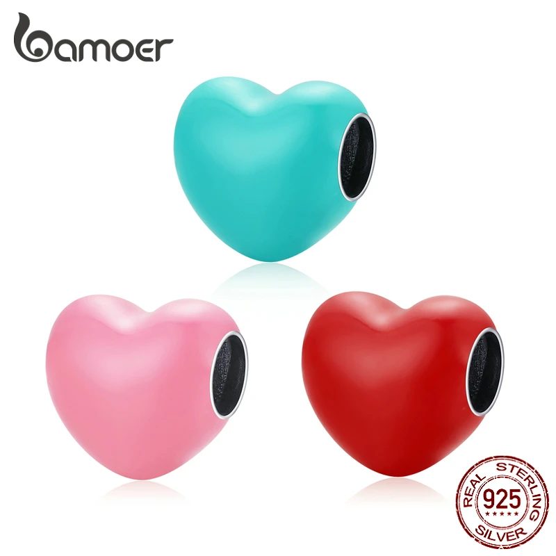 bamoer 925 Sterling Silver Enamel Red Heart Charm Monochrome Blue Pink Bead for Original Bracelet Bangle Women Fine DIY Jewelry