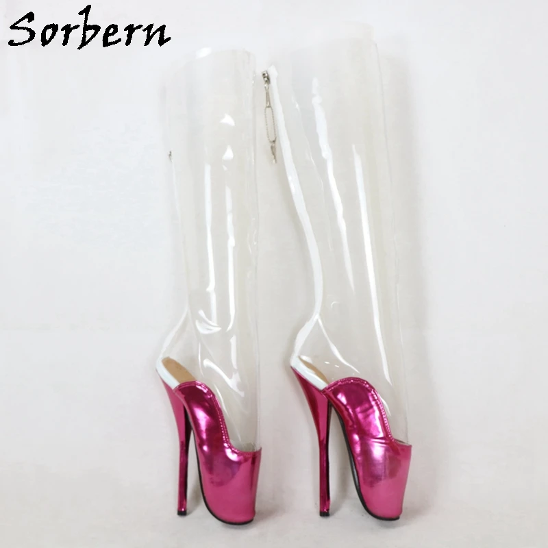 Sorbern Con Serratura Posteriore Della Chiusura Lampo Balletto Stivali Alti Al Ginocchio Vedere Attraverso di Plastica Stivali Metallic Crossdress