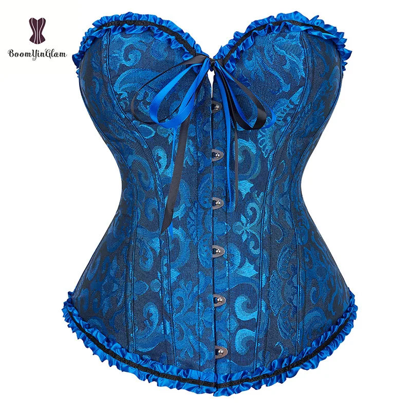 Corsé Steampunk marrón azul oscuro para mujer, lencería, trajes de baile, Top de corsé deshuesado con cordones florales