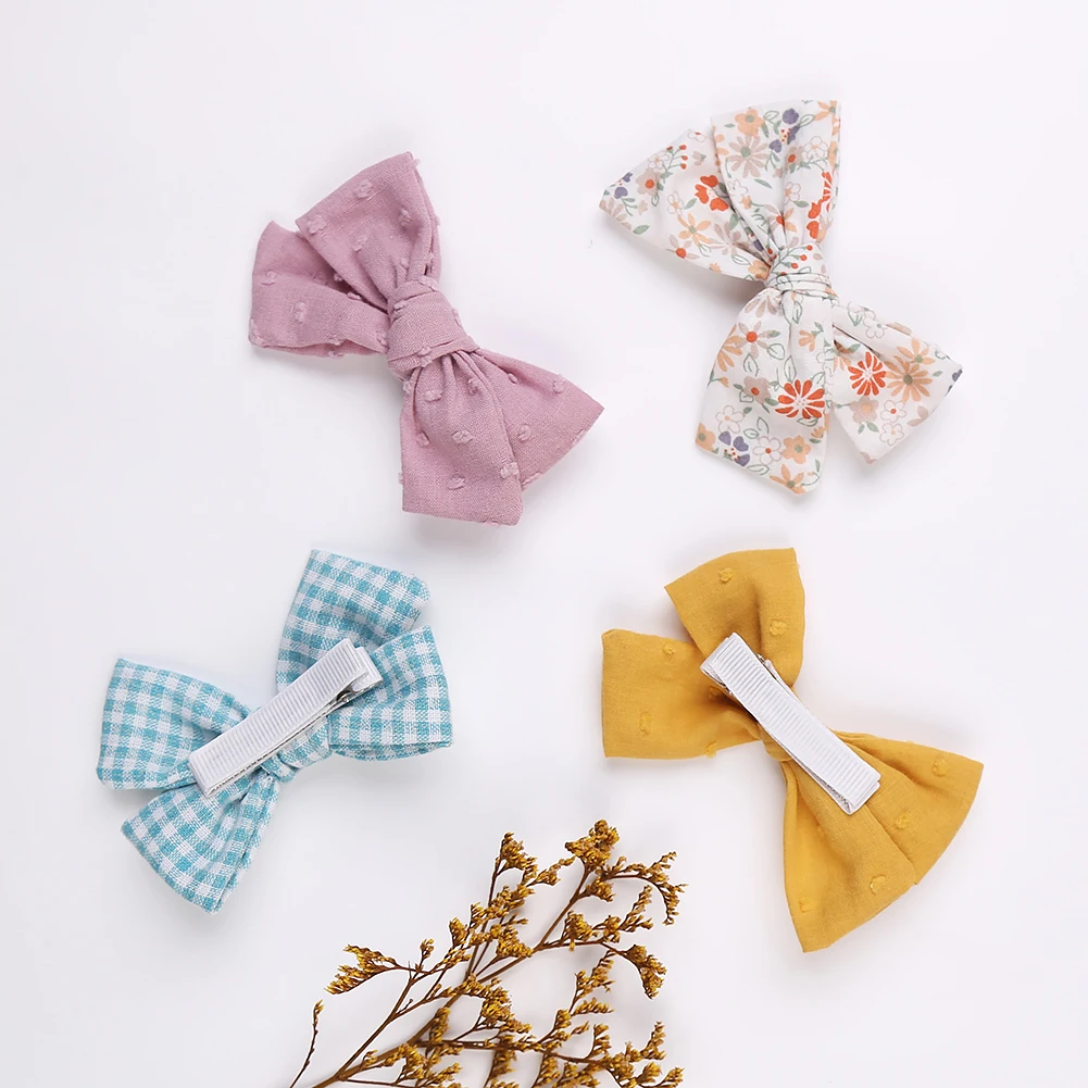 4Pcs/set Floral Print Hair Bow Clips Baby Girls Lace Cotton Linen BB Barrettes Safety Hairpins Korea Kids Headwear Accessories