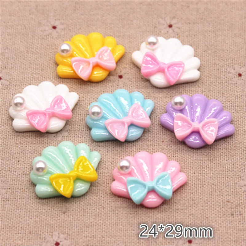 10pcs 24*29mm Cute Resin ABS Pearl Bow Seashell Flatback Cabochons DIY Scrapbook Hair Bow Center Decoration