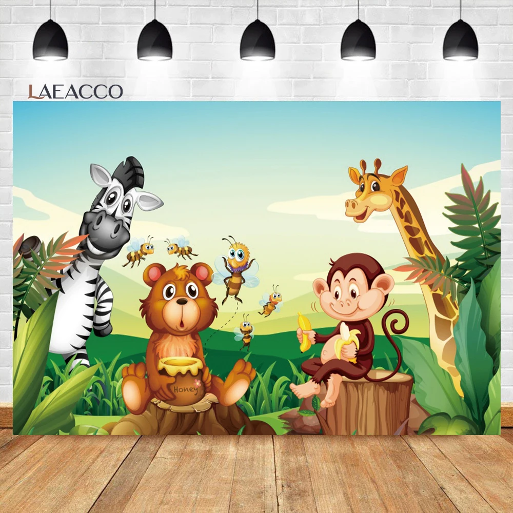 

Laeacco Cartoon Wild Animals Birthday Photography Backdrop Baby Shower Jungle Safari Party Kids Portrait Customized Background