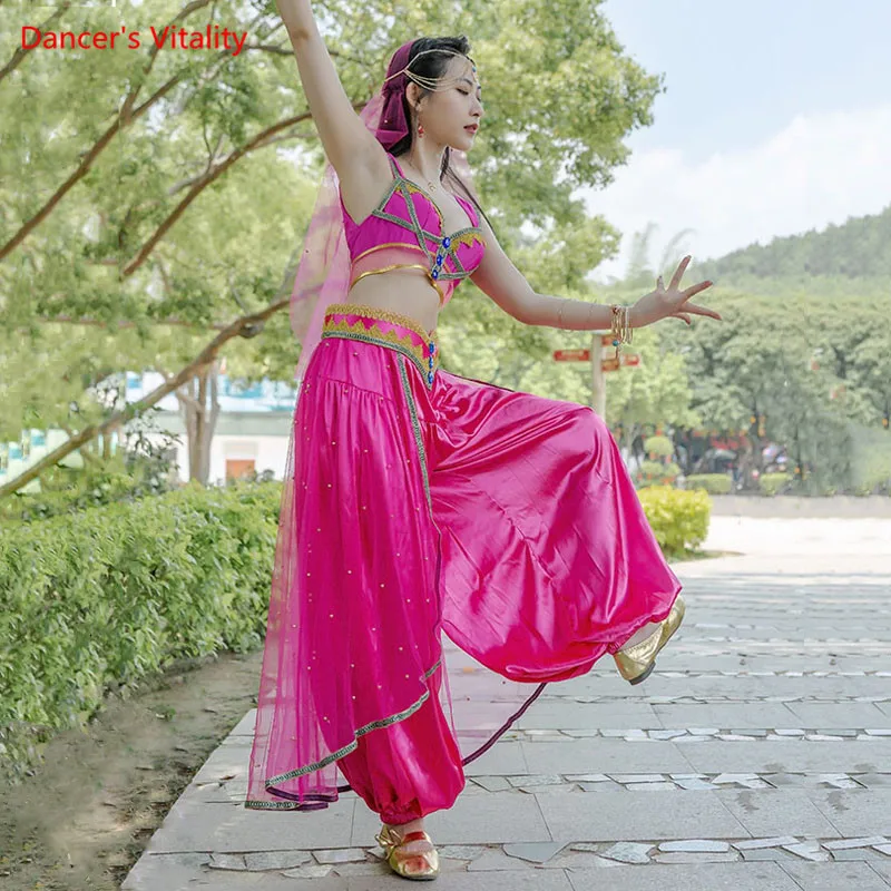 Belly Dance Suit Sling Top+Headscarf+ Headwear+Belt+Wide Leg Pants 5-Piece Set Oriental Dancewear Female Performance Clothing