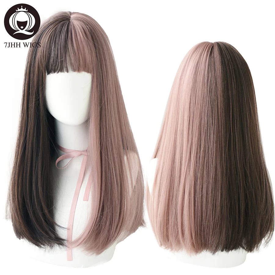 7JHH Lange Remy Perücke Mit Pony Ombre Schwarz Braun Synthetische Lolita Perücke Für Frauen Hohe Temperatur Draht Hitze Beständig Cosplay perücke