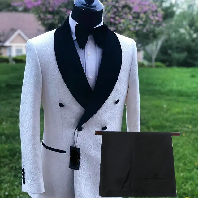 2024 Custom Made White Jacquard Double Breasted Groomsmen Groom Tuxedos Shawl Lapel Men Wedding Suits Prom Party Best Man Blazer