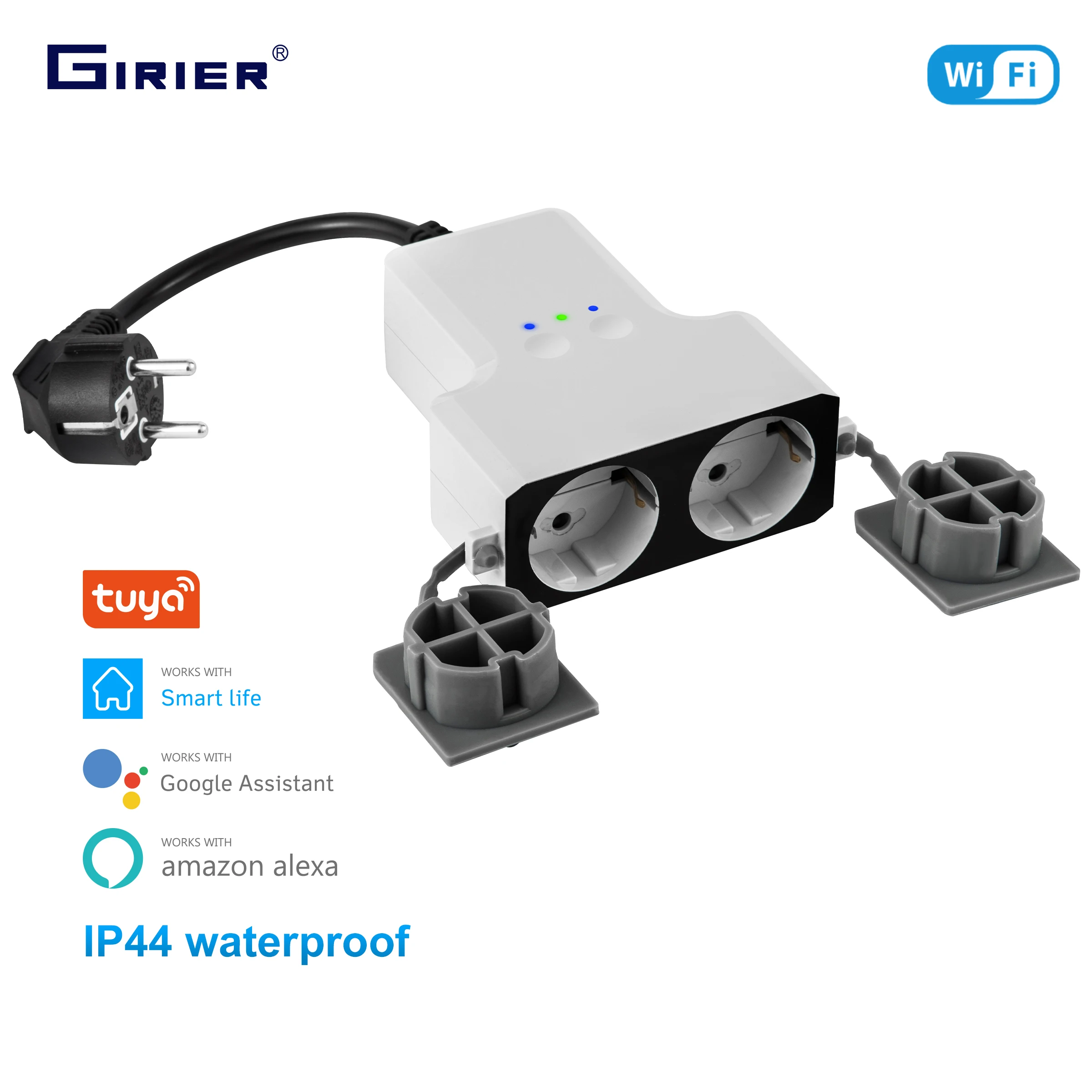 GIRIER-enchufe inteligente WiFi para exteriores, dispositivo con 2 salidas, 16A, Control remoto inalámbrico por aplicación Smart Life, funciona con Alexa y Google Home