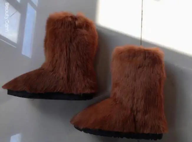 Eskimo Soft Rabbit Fur Snow Boots Plush inside Winter Boots Woman Thick sole Multicolor patchwork Real Fur Mid-calf Boots