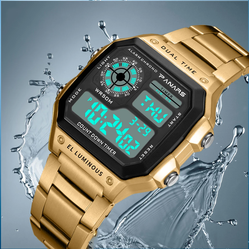 SYNOKE-reloj de pulsera Digital de acero inoxidable para hombre, cronógrafo de negocios, resistente al agua, 50M