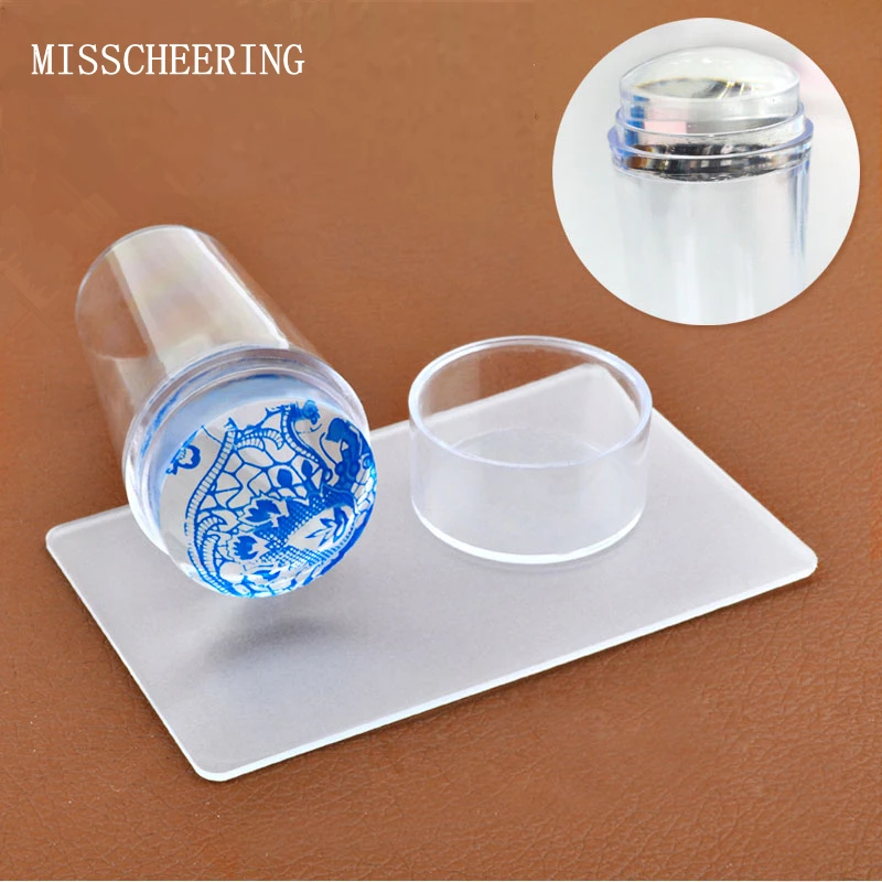 1set Unique New Design Pure Clear Nail Art Stamper Scraper Set with Cap 2.8cm Transparent Silicone Marshmallow Nail Stamp Tools