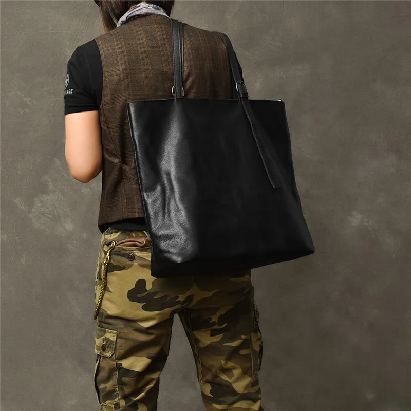 PNDME-Bolso de mano de cuero genuino de gran capacidad para hombre, bolsos de hombro de cuero de vaca negro suave, informal, simple, de alta