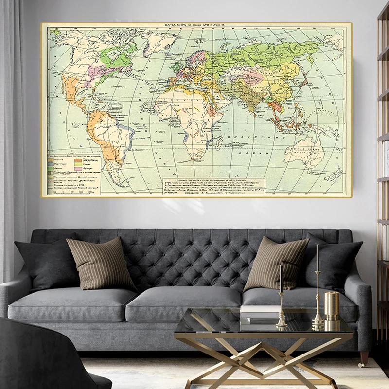 Póster de pared de mapa del mundo Vintage, pintura en lienzo no tejida de 225x150 cm, decoración del hogar para sala de estar, educación Cultural en ruso