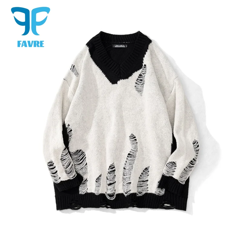 

FAVRE Autumn Winter Hole Swaeter Men Women V-Neck Pullover Loose Casual Long Sleeve Sweaters Harajuku Fashion Couple Jumper
