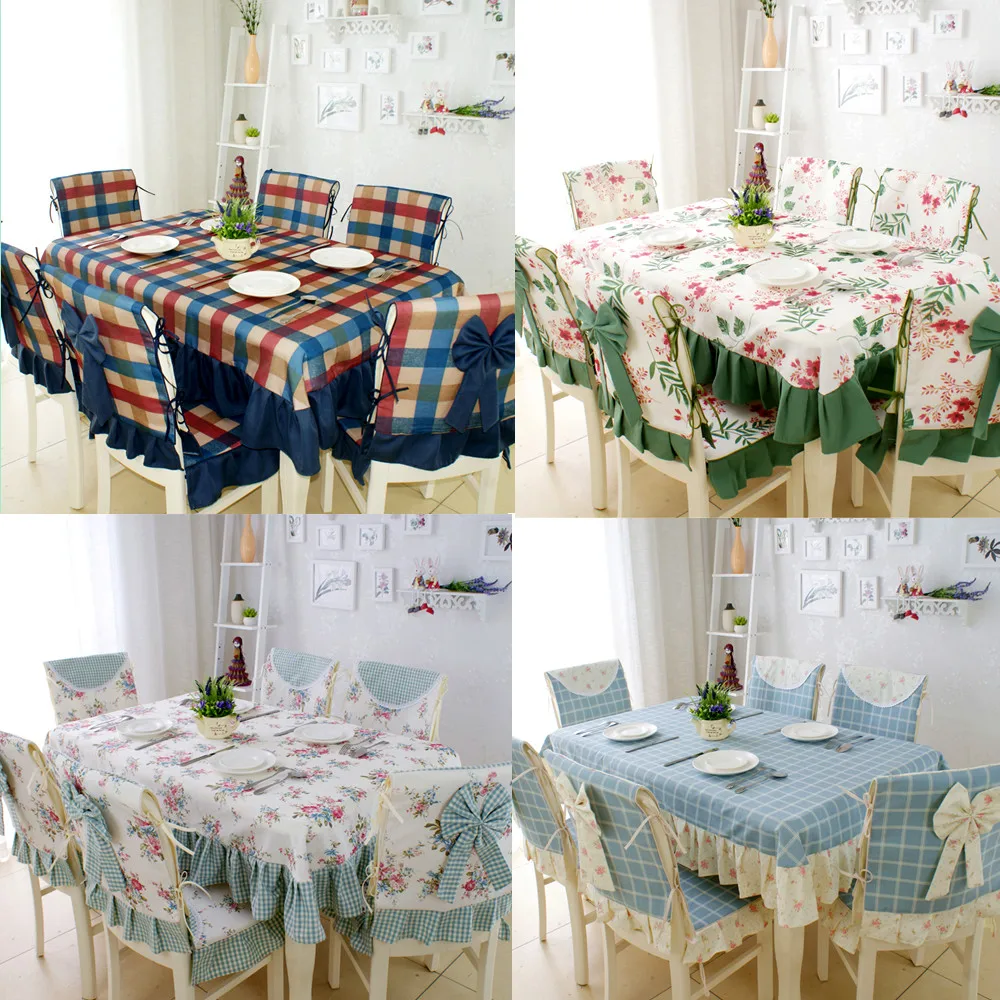 Quality Pastoral Plaid Dining Table Cloth Rectangle Chair Cover cushion Floral Lace Cotton Table Cover kitchen Furniture Cover