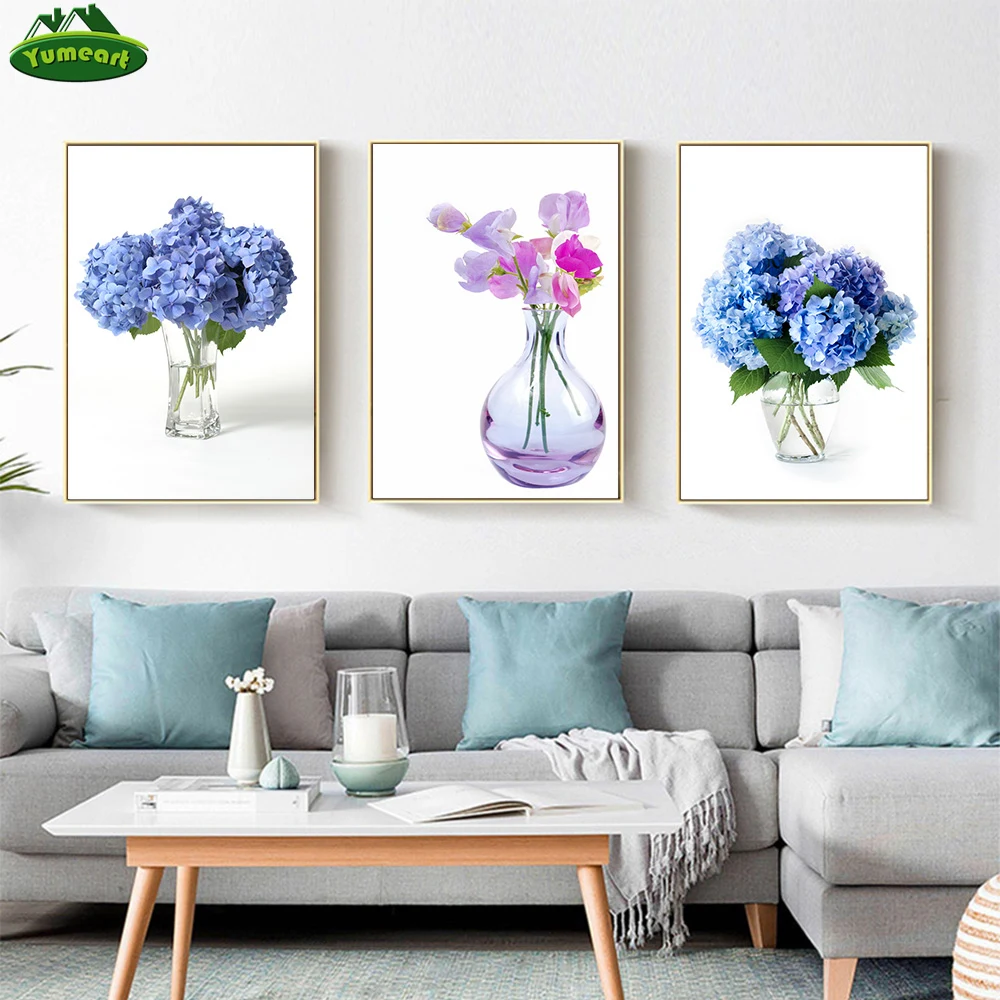 Yumeart Blue Hydrangea Phalaenopsis Canvas Print Large Wall Art Posters Prints Quote Blue Flower Wall Pictures for Living Room