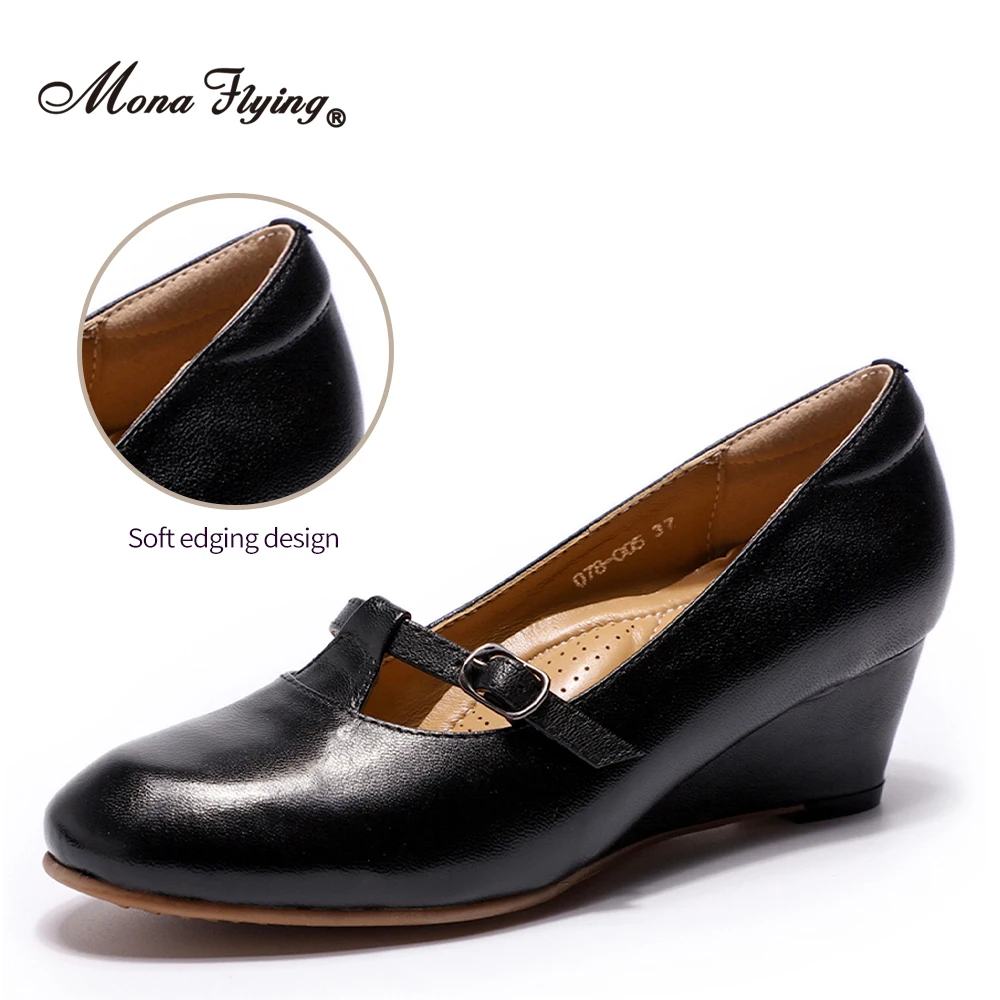 Mona Flying Women‘s Genuine Leather Mary Jane Wedge High Heels Pumps Shoes Elegant Heel Office T Strap Shoes for Ladies 078-005