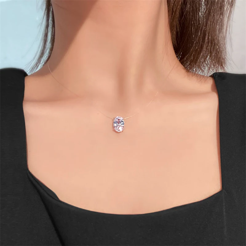 Luxury Bling AAA Oval Zircon Necklace Invisible Transparent Fishing Line Choker Women Necklaces Ellipse Pendant Collier Femme