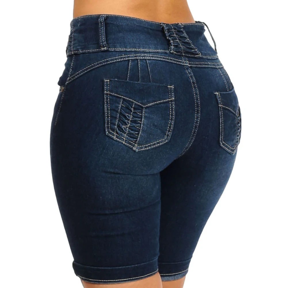 Calções jeans skinny femininos, cintura alta, stretch, bodycon, finos, até o joelho, jeans curtos, sexy, moda feminina, novo