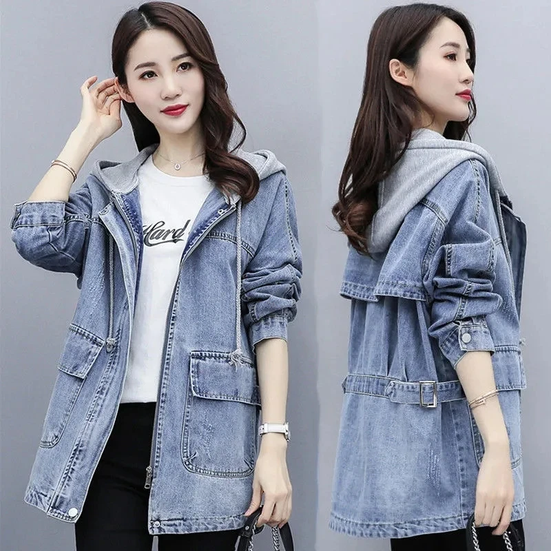 Women\'s Jean Jacket 2023 Spring And Autumn New Hooded Denim Jacket Female Mid-Length Female Korean Loose