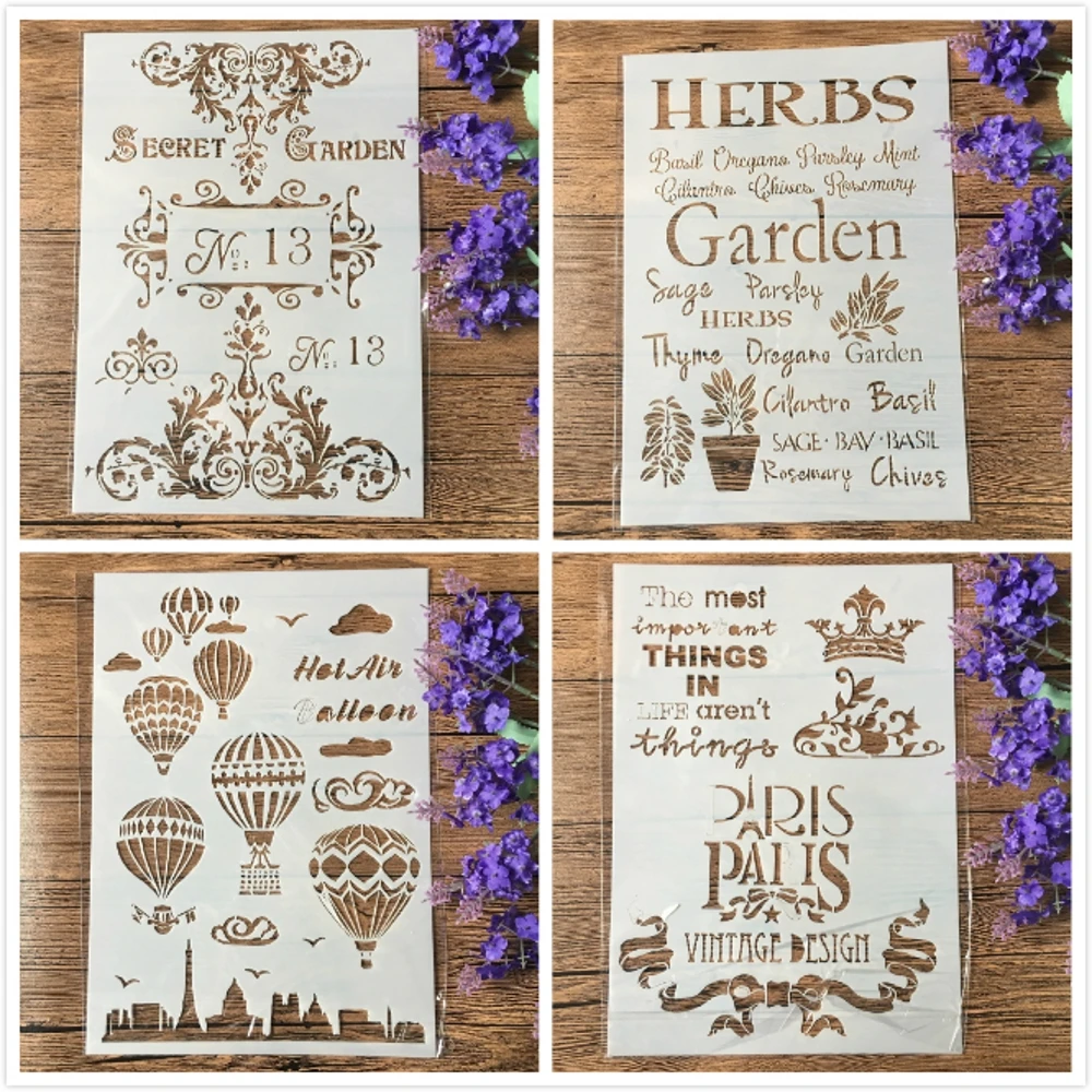 4Pcs/Lot A4 Paris Garden French Balloon DIY Layering Stencils Painting Scrapbook Coloring Embossing Album Decorative Template