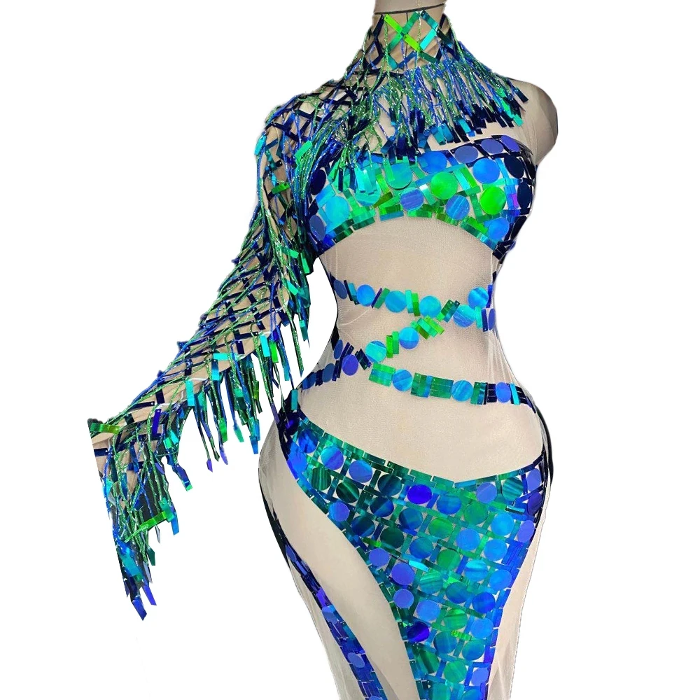 

See Through Long Mesh Evening Dress Sparkly Sequin Tassel Prom Dresses Nightclub Stage Party Costume