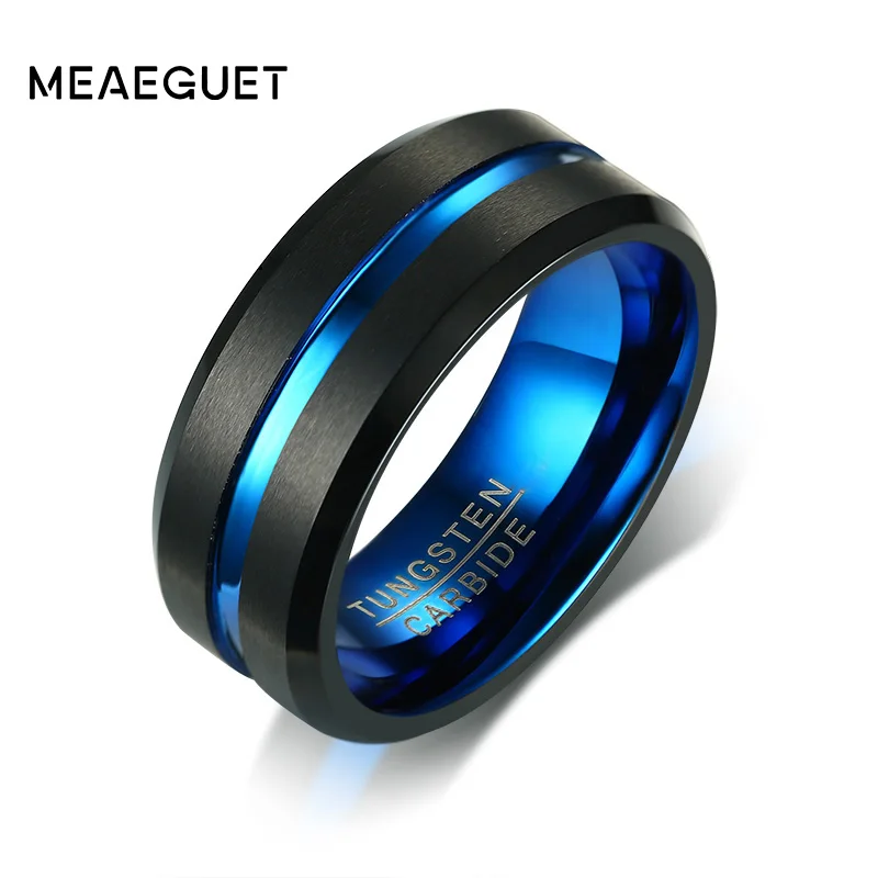 Meaeguet Black Tungsten Carbide Ring For Men Women Matte Finished Wedding Bands Blue Carbon Fiber Groove Rings Jewelry