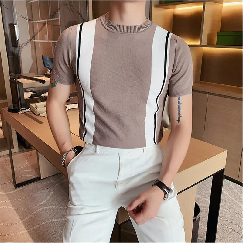 British Style Summer Slim Fit Knitted T Shirts Men O-Neck Short Sleeve Sweater T-shirt Fashion Contrast Color Striped Tee Shirt