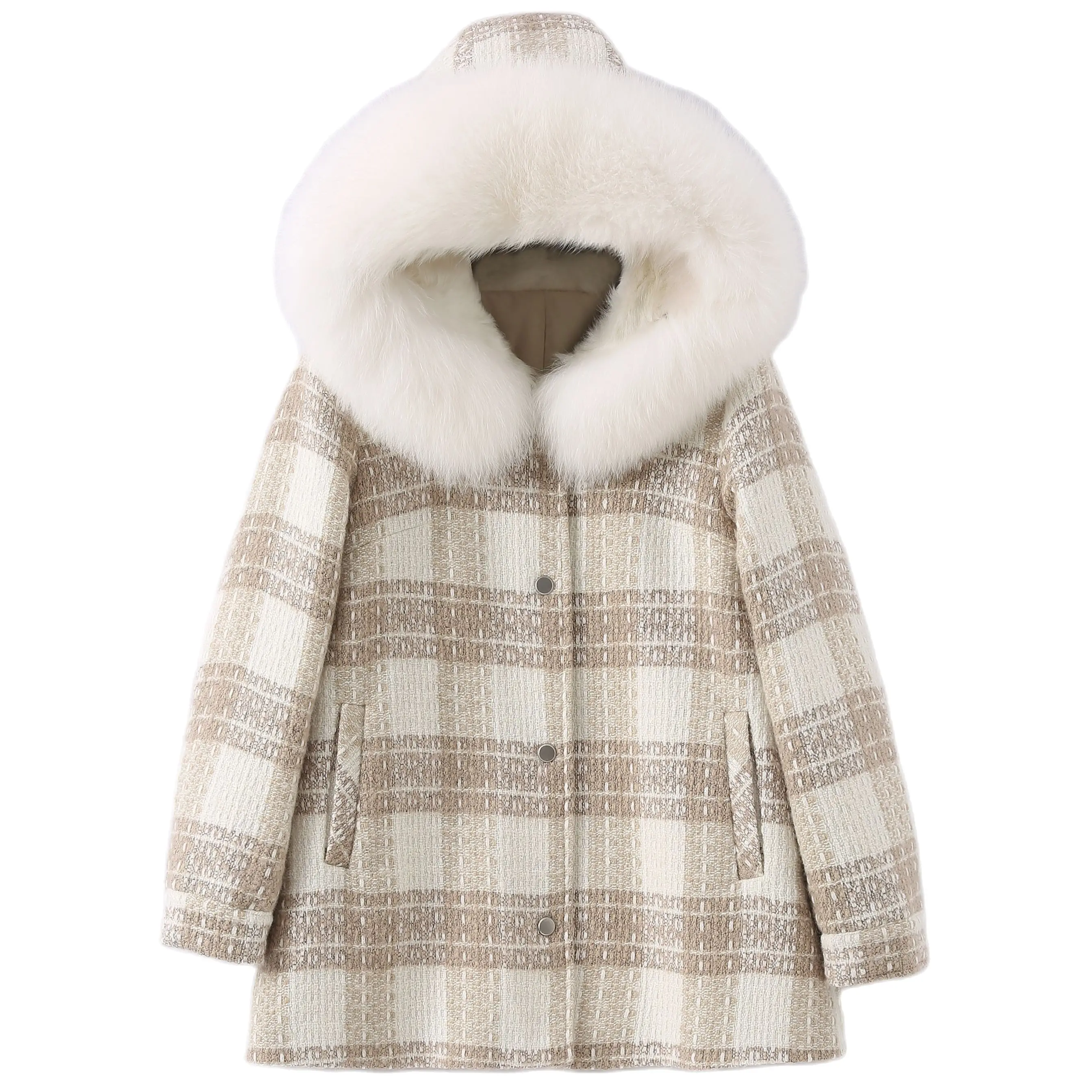 

Pudi Women Winter Real Fox Fur Coat Jacket 2021 Ins Hot Lady Over Size Hood Wool Blends Parka Trench Z21086