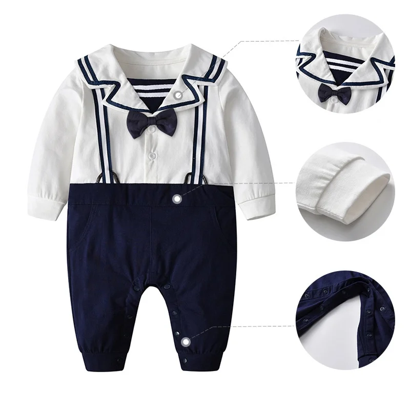 

Rompers Baby Clothes Male Baby Fake Sling Suit College Style Korean Long-sleeved One-piece Navy Style Cotton Clothes