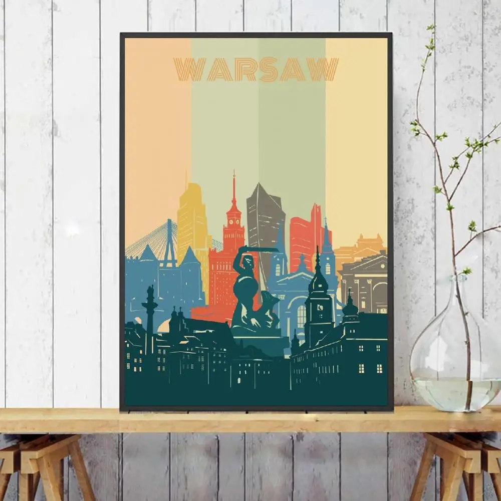 Warsaw City Retro Cityscape Canvas Wall Art Print Modern Poster Wall Pictures Living Room